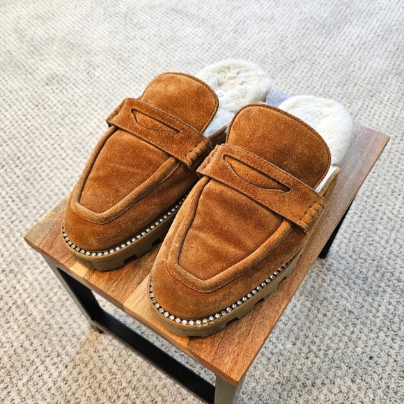 Jimmy Choo Tan Suede Crystal Embellished Shearling Mules - Picture 4 of 11